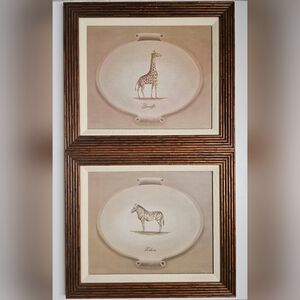 Vintage African Bamboo Milkpaint & Gold Wood Framed Giraffe & Zebra Wall Art